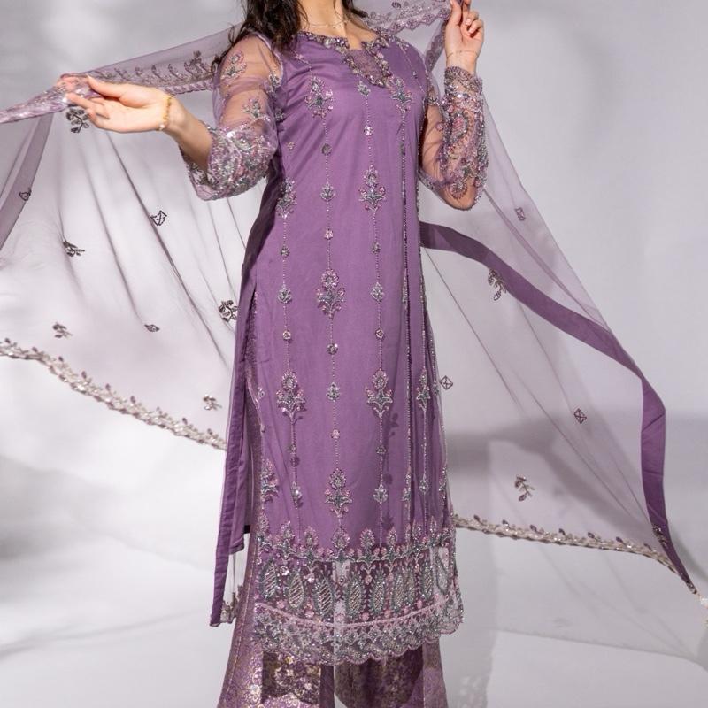 Lilac Crystal Cutdana  with Banarsi Bellbottom - 3PC