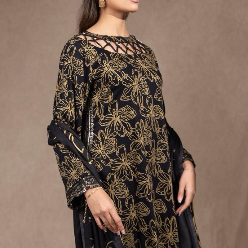 Black and Mustard Marina 3PC suit - A stunning Neckline with Sequence Detailing and Plazzo Trousers, including a beautiful Shawl. Pakistani Semi Formal Womenswear Outfit