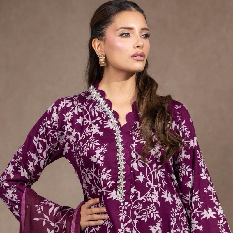 Plum Marina 3PC suit - A beautiful scallop detailed and crystal embellished soft marina suit with plazzo trousers and shawl