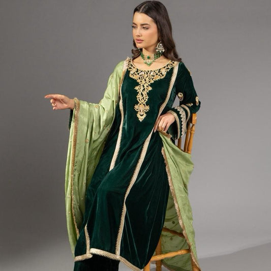 Green Velvet Three Piece Suit - Balochi Style Frock