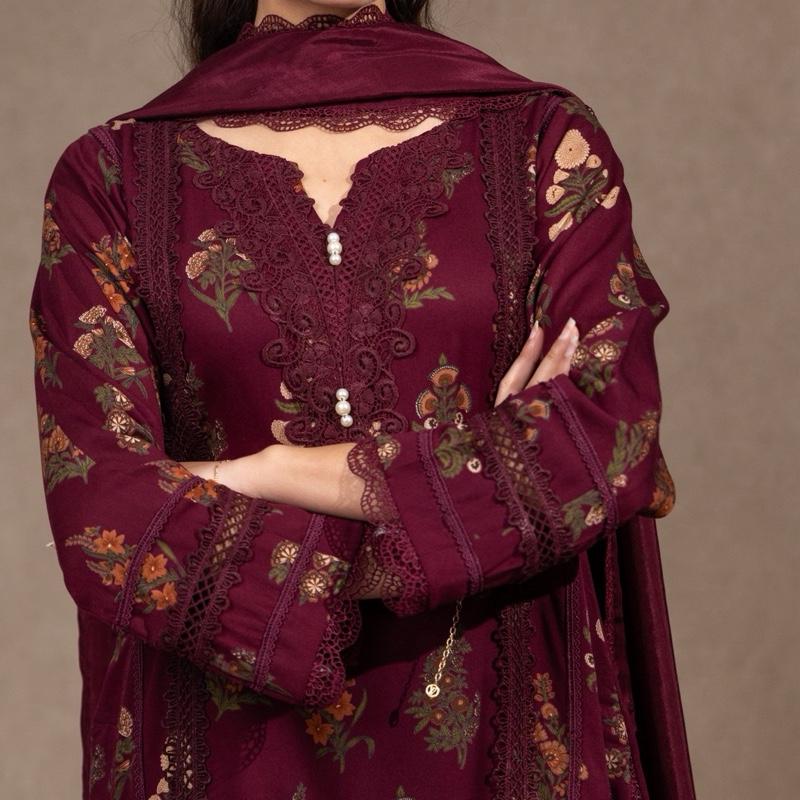 Marina 3PC Maroon Floral Womenswear Outfit Comfortable Classy Lace Detailing Long Kameez Capri Trousers Silk Dupatta