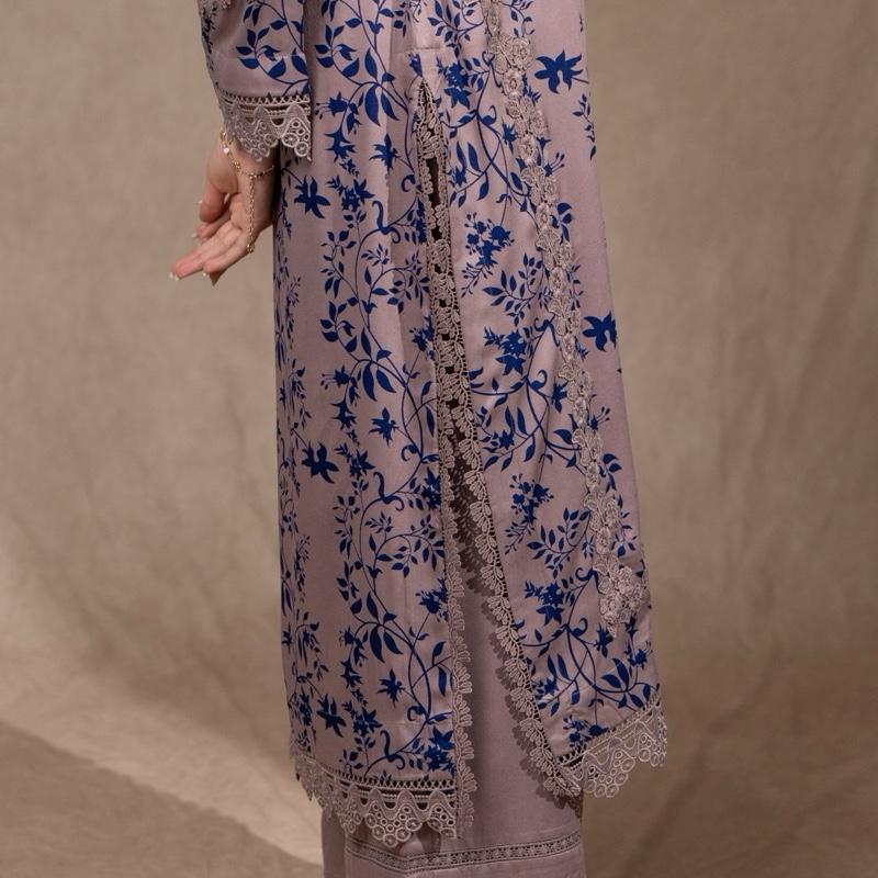 Gray/Brown with Navy Blue Print Marina 3PC Pakistani Womenswear Outfit, Beautiful Lace Detailing and Shawl with Plazzo Trousers, Comfortable and Trendy