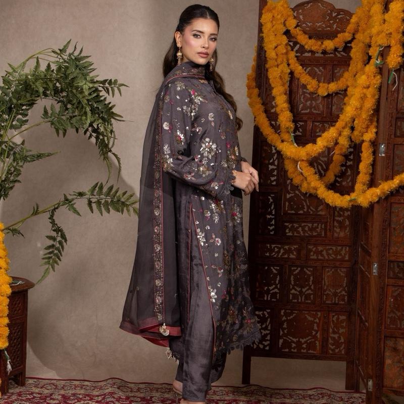 Gray Multi Embroidered with Sequence Raw Silk 3PC pakistani formal womenswear outfit, Beautiful Long Kameez with Plazzo Trousers and Embroidered Chiffon Dupatta