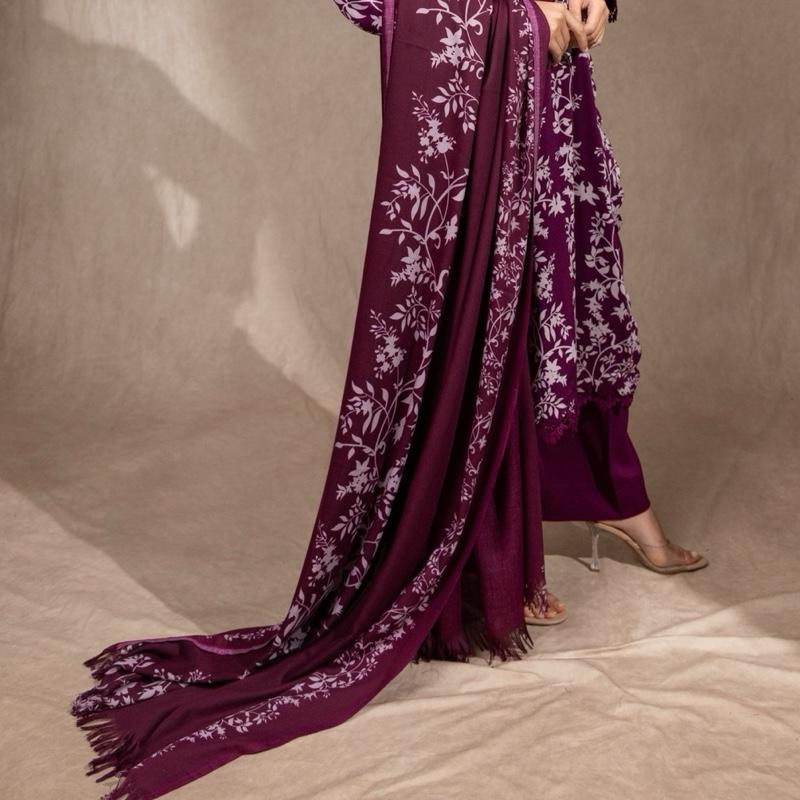 Plum Marina 3PC suit - A beautiful scallop detailed and crystal embellished soft marina suit with plazzo trousers and shawl