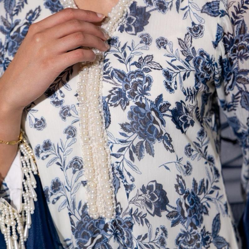 White and Blue Printed Chiffon with Embroidered Dupatta - 3PC