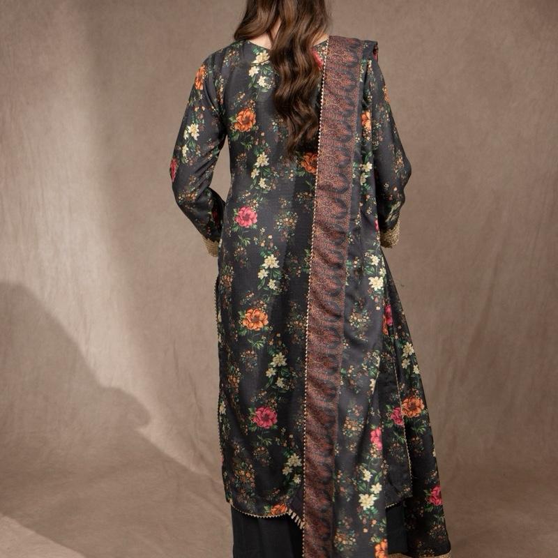 Charcoal Gray Floral Marina Three Piece Suit with Golden Sequence Detailing Plazzo Trouser and Shawl Semiformal Asian Womenswear Outfit