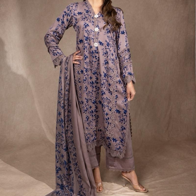 Gray/Brown with Navy Blue Print Marina 3PC Pakistani Womenswear Outfit, Beautiful Lace Detailing and Shawl with Plazzo Trousers, Comfortable and Trendy