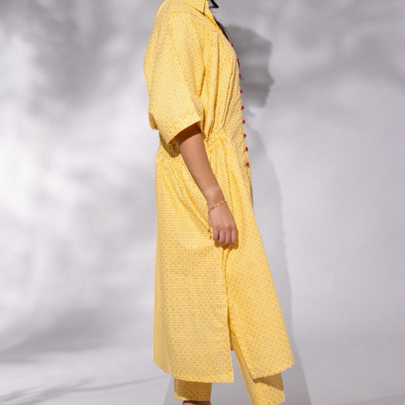 Yellow Floral Print Kaftan Style Co Ord - Three PIECE Kapri trousers, Loose Fit Comfortable Womenswear Cotton