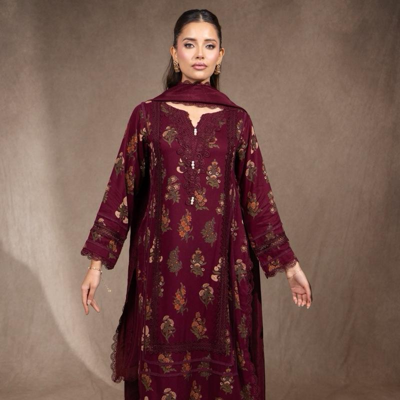 Marina 3PC Maroon Floral Womenswear Outfit Comfortable Classy Lace Detailing Long Kameez Capri Trousers Silk Dupatta