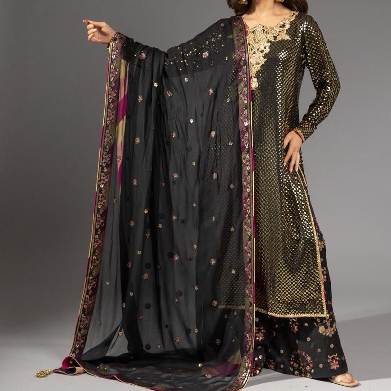 Black and Gold - Heavy Formal Womenswear Suit, Sequence Embroidered Kameez with Handwork Neckline, Chatta Patti Outlining, With Heavy Embroidered Loose Pants, Stunning Back Tassels and Chiffon Embroidered Duppatta