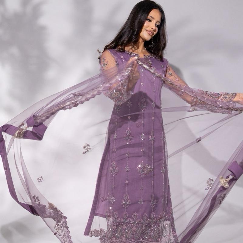 Lilac Crystal Cutdana  with Banarsi Bellbottom - 3PC