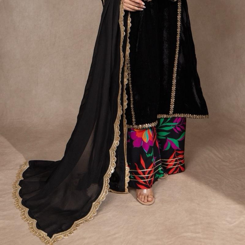 Black Embroidered Velvet Kurta Style Kameez with Multi Floral Palazzo and Scallop Detailed Silk Dupatta Comfortable Semi Formal Pakistani Womenswear