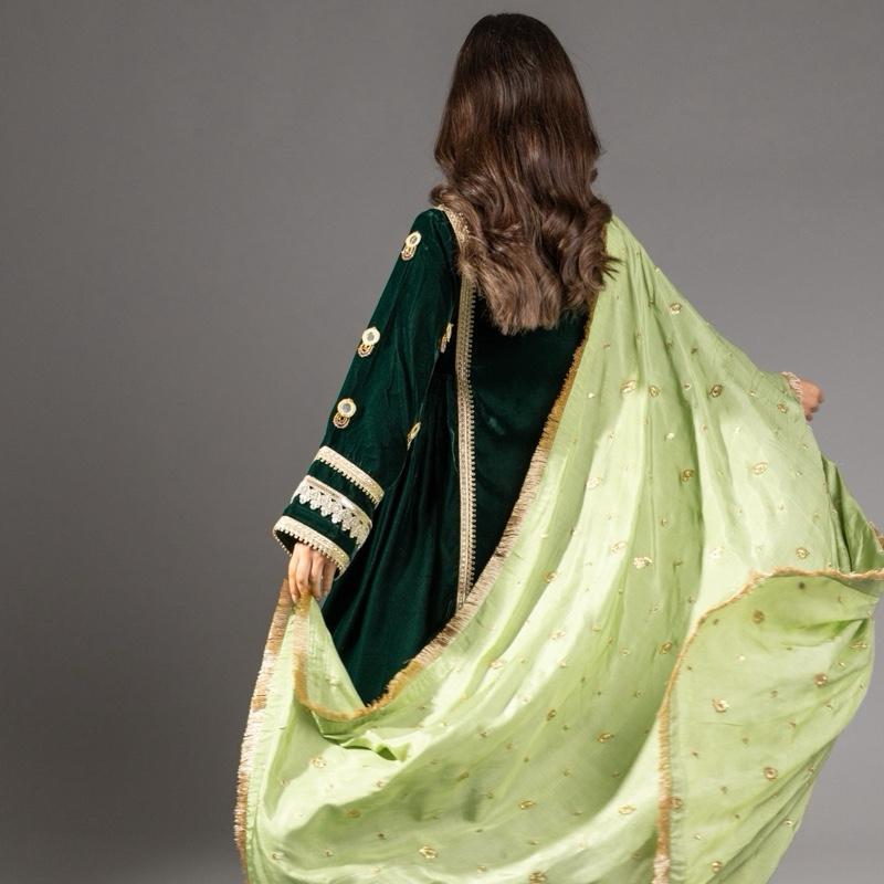 Green Velvet Three Piece Suit - Balochi Style Frock