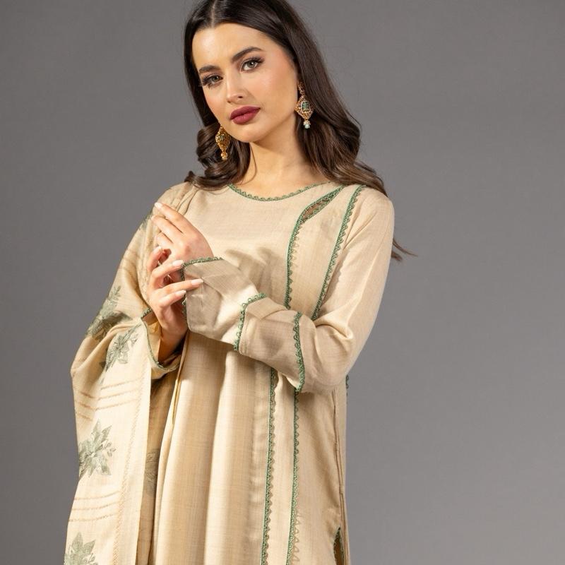 Beige Pashmina Three Piece Suit - Green Outline with Embroidery Woollen Shawl