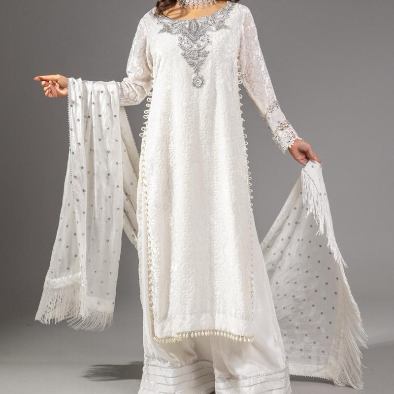 White Dove Plachi - A Pure Beauty, Stunning Handwork Silver Neckline Long Kameez with Pearl Sides, Beautiful Sleeve work with Stone, Loose Plazzo Pants and Silk Embroidered Dupatta with Fringe Detail  Asian Womenswear Clothes