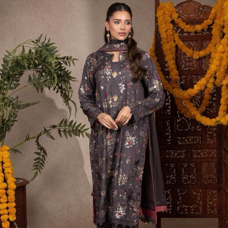Gray Multi Embroidered with Sequence Raw Silk 3PC pakistani formal womenswear outfit, Beautiful Long Kameez with Plazzo Trousers and Embroidered Chiffon Dupatta
