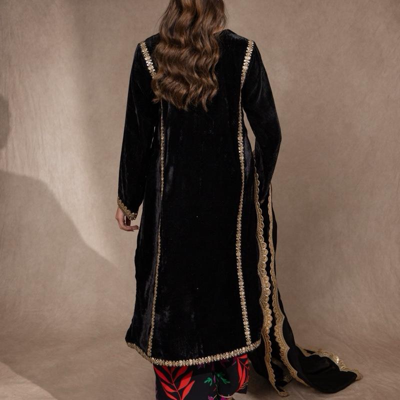 Black Embroidered Velvet Kurta Style Kameez with Multi Floral Palazzo and Scallop Detailed Silk Dupatta Comfortable Semi Formal Pakistani Womenswear