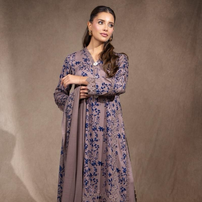 Gray/Brown with Navy Blue Print Marina 3PC Pakistani Womenswear Outfit, Beautiful Lace Detailing and Shawl with Plazzo Trousers, Comfortable and Trendy