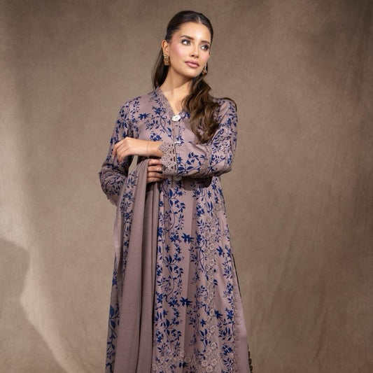 Gray/Brown with Navy Blue Print Marina 3PC Pakistani Womenswear Outfit, Beautiful Lace Detailing and Shawl with Plazzo Trousers, Comfortable and Trendy