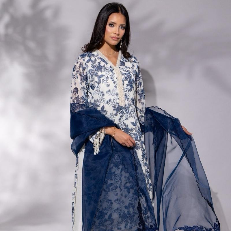 White and Blue Printed Chiffon with Embroidered Dupatta - 3PC
