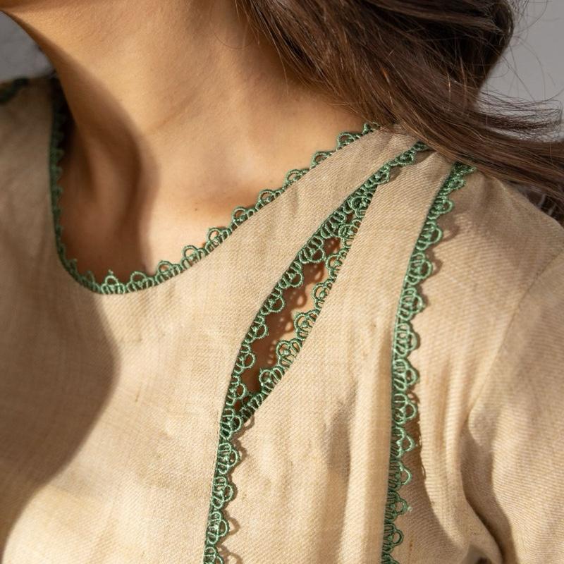 Beige Pashmina Three Piece Suit - Green Outline with Embroidery Woollen Shawl