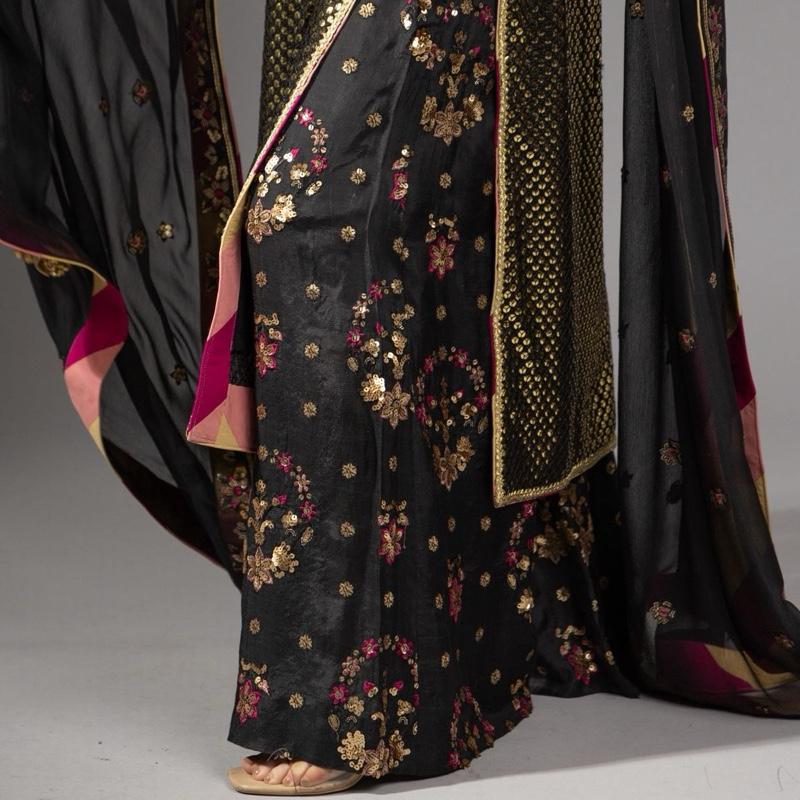 Black and Gold - Heavy Formal Womenswear Suit, Sequence Embroidered Kameez with Handwork Neckline, Chatta Patti Outlining, With Heavy Embroidered Loose Pants, Stunning Back Tassels and Chiffon Embroidered Duppatta