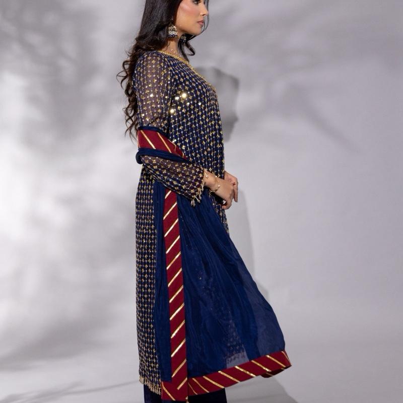 Navy Blue Chiffon Sequence Three Piece Formal Womenswear Outfit, Long Kameez with Detailed Neckline and Hand Embellished bunch, With Contrasting Finishing on Dupatta and Plazzo Trousers