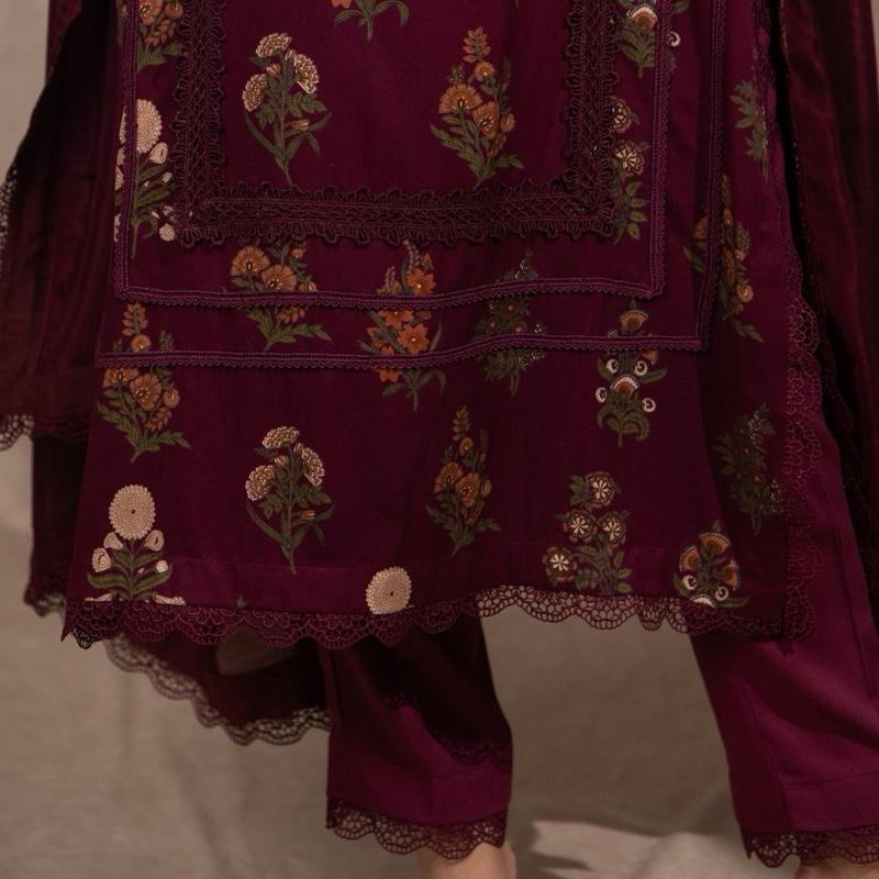 Marina 3PC Maroon Floral Womenswear Outfit Comfortable Classy Lace Detailing Long Kameez Capri Trousers Silk Dupatta