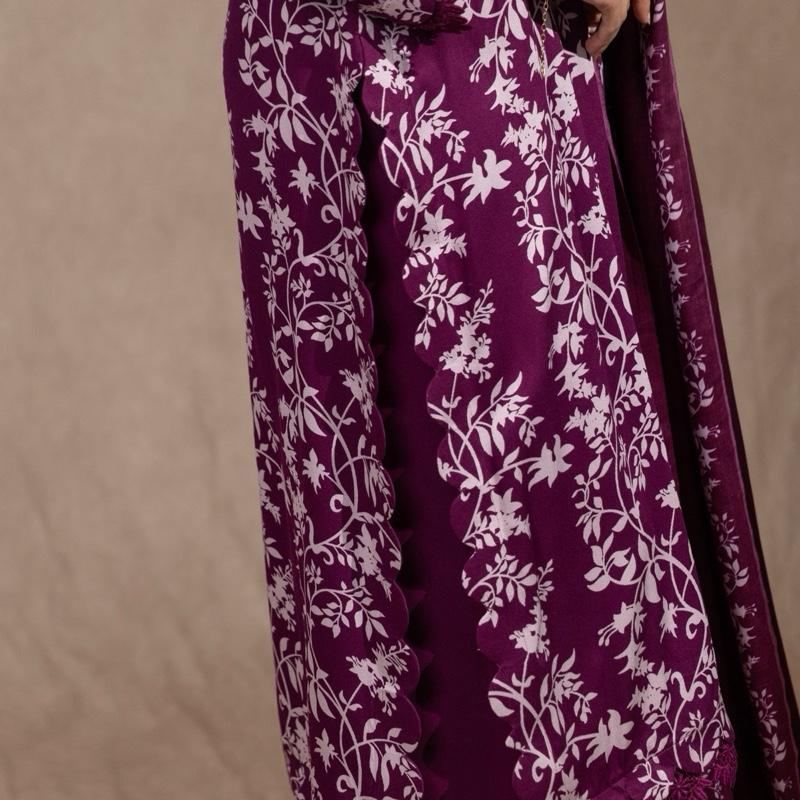 Plum Marina 3PC suit - A beautiful scallop detailed and crystal embellished soft marina suit with plazzo trousers and shawl