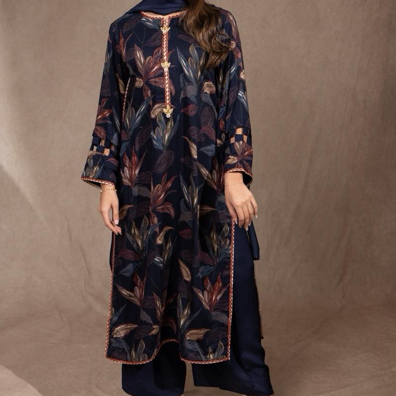 Navy Blue Floral Marina 3PC - Perfect for semiformal wearing comfortable and classy. Long kameez with plazzo trousers and silk dupatta