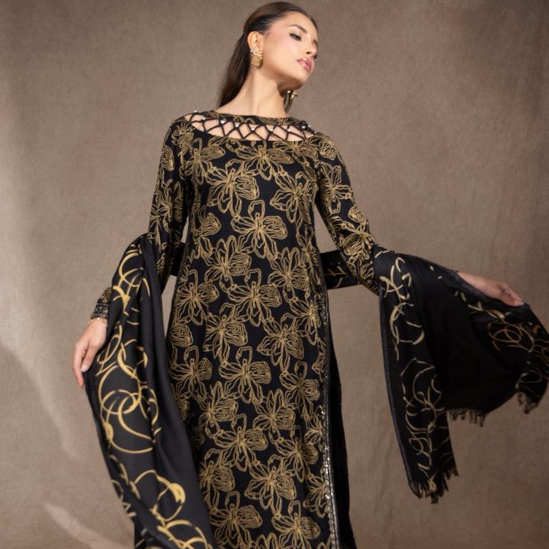 Black and Mustard Marina 3PC suit - A stunning Neckline with Sequence Detailing and Plazzo Trousers, including a beautiful Shawl. Pakistani Semi Formal Womenswear Outfit