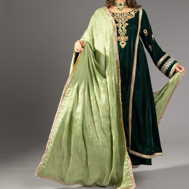 Green Velvet Three Piece Suit - Balochi Style Frock