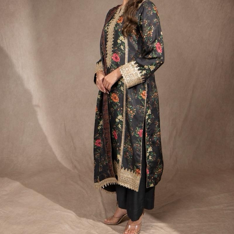 Charcoal Gray Floral Marina Three Piece Suit with Golden Sequence Detailing Plazzo Trouser and Shawl Semiformal Asian Womenswear Outfit