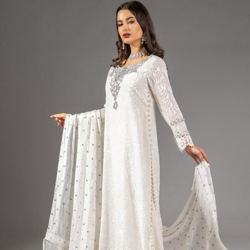 White Dove Plachi - A Pure Beauty, Stunning Handwork Silver Neckline Long Kameez with Pearl Sides, Beautiful Sleeve work with Stone, Loose Plazzo Pants and Silk Embroidered Dupatta with Fringe Detail  Asian Womenswear Clothes