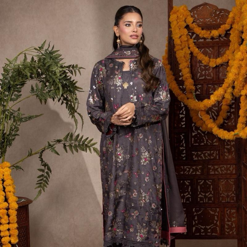 Gray Multi Embroidered with Sequence Raw Silk 3PC pakistani formal womenswear outfit, Beautiful Long Kameez with Plazzo Trousers and Embroidered Chiffon Dupatta