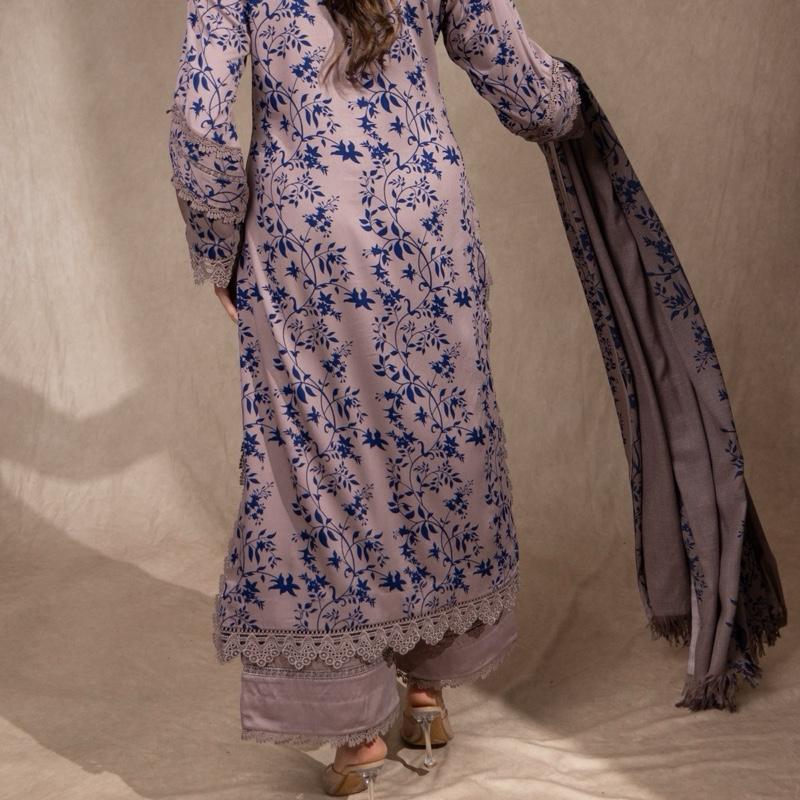 Gray/Brown with Navy Blue Print Marina 3PC Pakistani Womenswear Outfit, Beautiful Lace Detailing and Shawl with Plazzo Trousers, Comfortable and Trendy