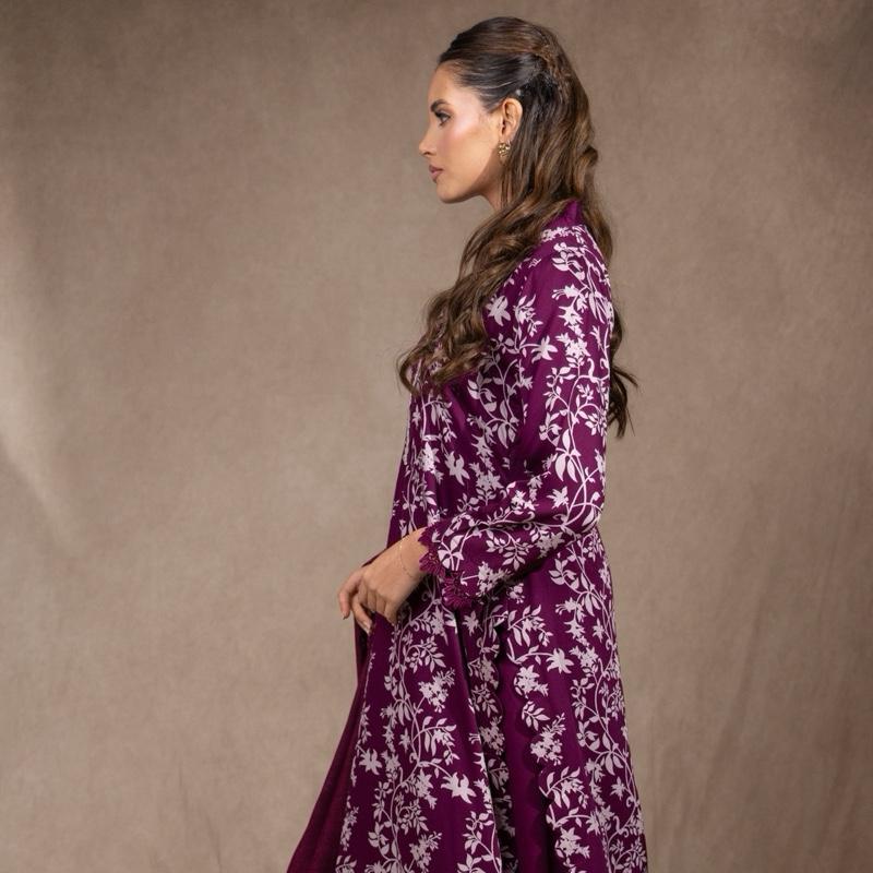 Plum Marina 3PC suit - A beautiful scallop detailed and crystal embellished soft marina suit with plazzo trousers and shawl
