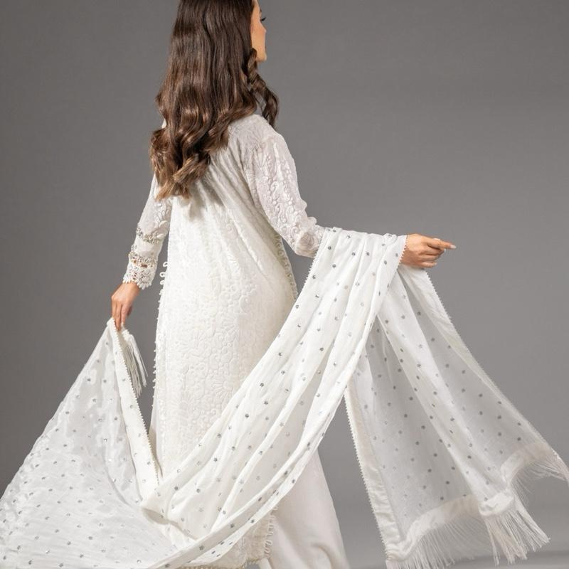 White Dove Plachi - A Pure Beauty, Stunning Handwork Silver Neckline Long Kameez with Pearl Sides, Beautiful Sleeve work with Stone, Loose Plazzo Pants and Silk Embroidered Dupatta with Fringe Detail  Asian Womenswear Clothes