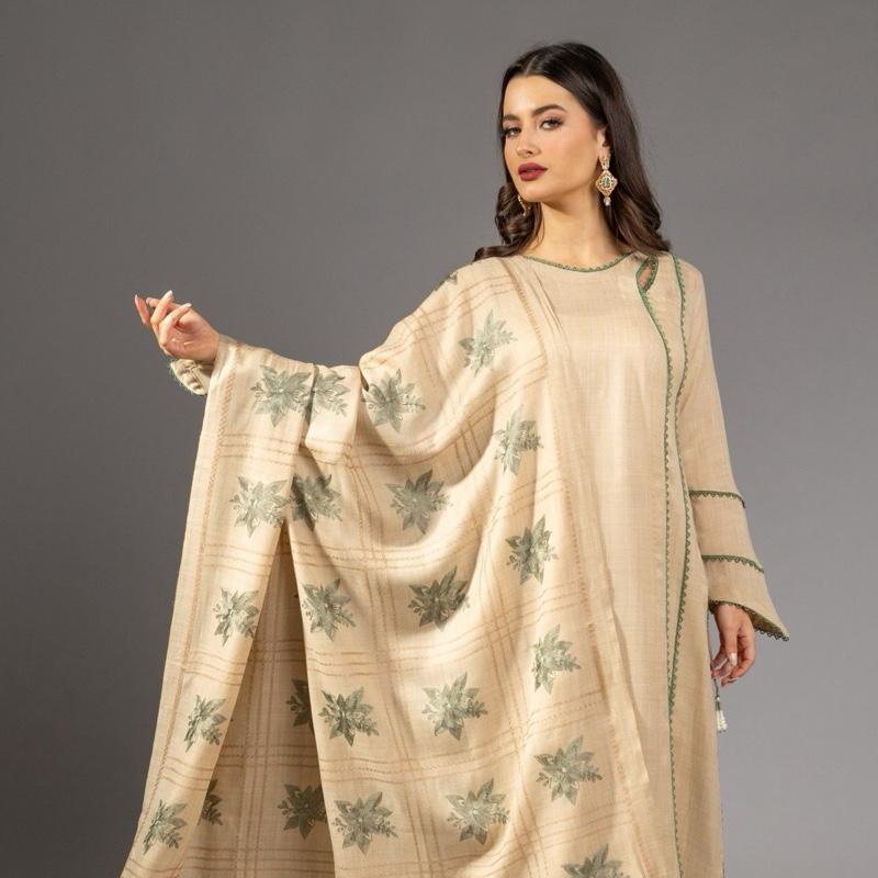 Beige Pashmina Three Piece Suit - Green Outline with Embroidery Woollen Shawl