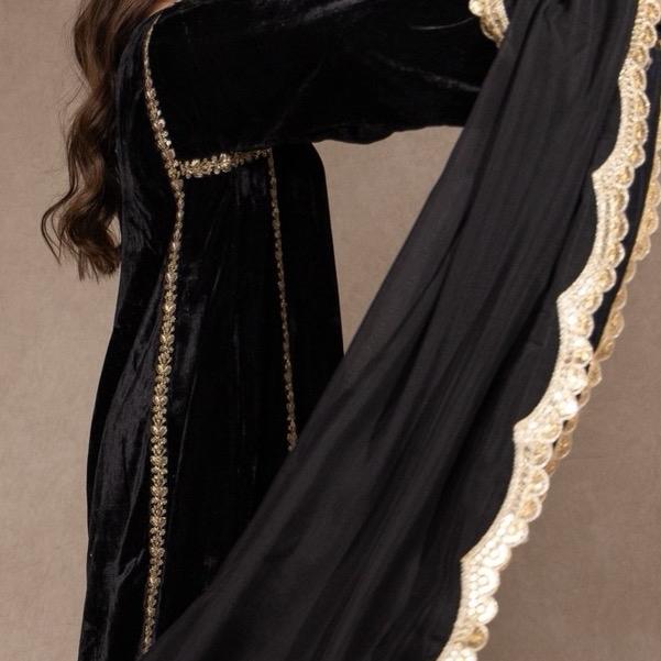 Black Embroidered Velvet Kurta Style Kameez with Multi Floral Palazzo and Scallop Detailed Silk Dupatta Comfortable Semi Formal Pakistani Womenswear