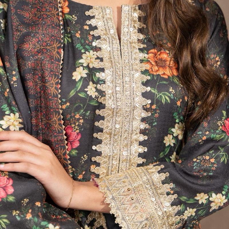 Charcoal Gray Floral Marina Three Piece Suit with Golden Sequence Detailing Plazzo Trouser and Shawl Semiformal Asian Womenswear Outfit