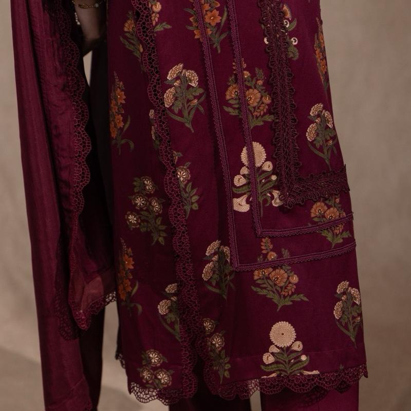 Marina 3PC Maroon Floral Womenswear Outfit Comfortable Classy Lace Detailing Long Kameez Capri Trousers Silk Dupatta