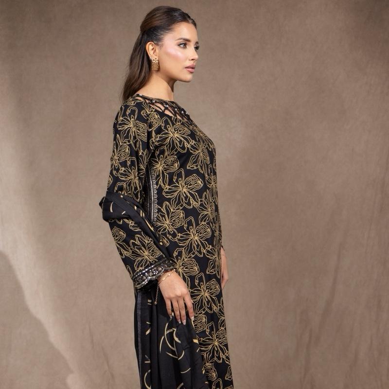 Black and Mustard Marina 3PC suit - A stunning Neckline with Sequence Detailing and Plazzo Trousers, including a beautiful Shawl. Pakistani Semi Formal Womenswear Outfit