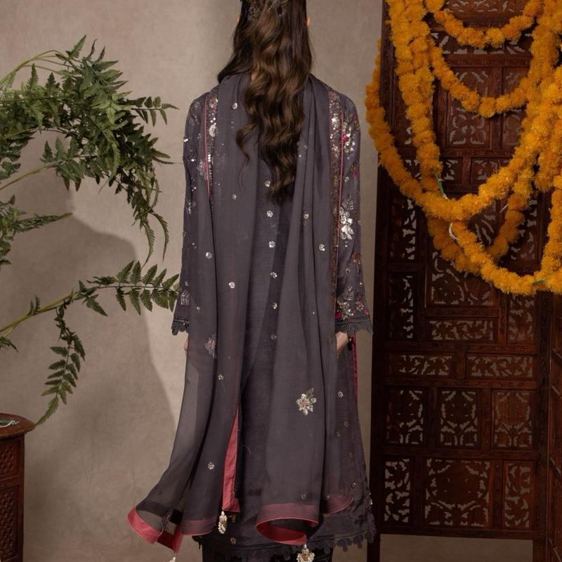 Gray Multi Embroidered with Sequence Raw Silk 3PC pakistani formal womenswear outfit, Beautiful Long Kameez with Plazzo Trousers and Embroidered Chiffon Dupatta