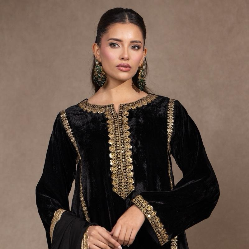 Black Embroidered Velvet Kurta Style Kameez with Multi Floral Palazzo and Scallop Detailed Silk Dupatta Comfortable Semi Formal Pakistani Womenswear