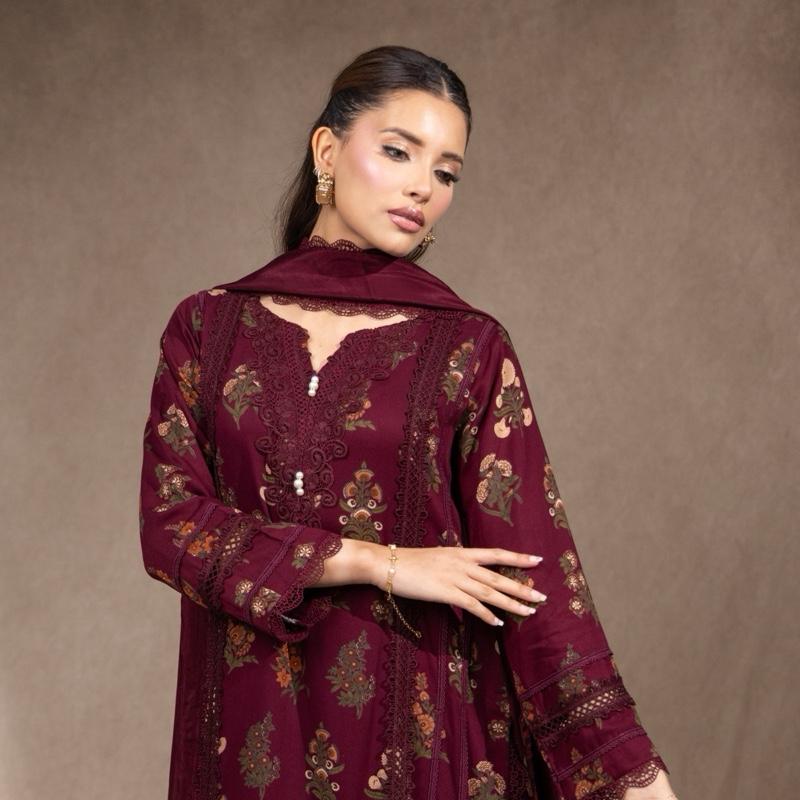 Marina 3PC Maroon Floral Womenswear Outfit Comfortable Classy Lace Detailing Long Kameez Capri Trousers Silk Dupatta