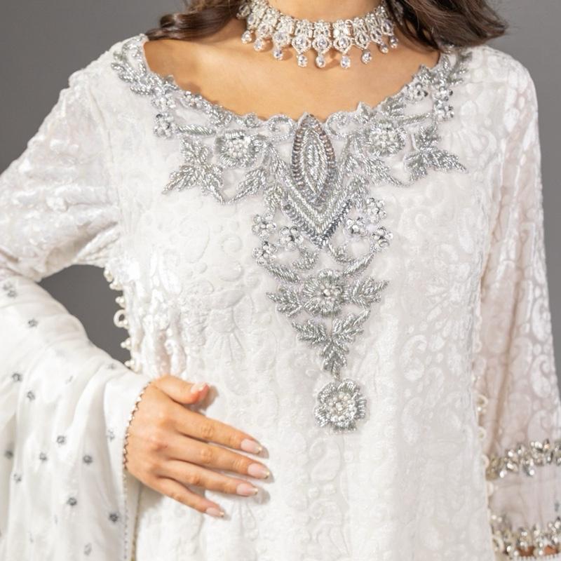 White Dove Plachi - A Pure Beauty, Stunning Handwork Silver Neckline Long Kameez with Pearl Sides, Beautiful Sleeve work with Stone, Loose Plazzo Pants and Silk Embroidered Dupatta with Fringe Detail  Asian Womenswear Clothes