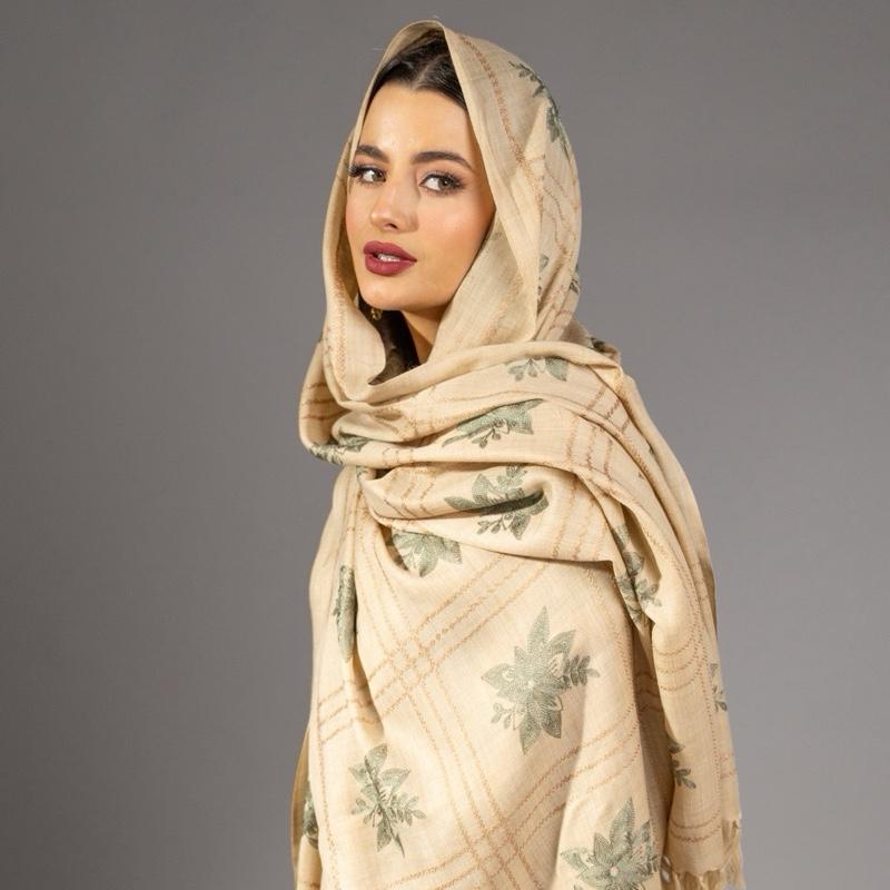 Beige Pashmina Three Piece Suit - Green Outline with Embroidery Woollen Shawl
