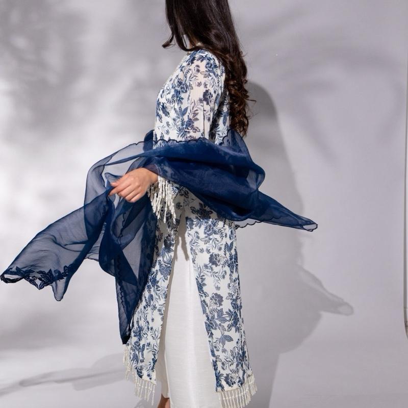 White and Blue Printed Chiffon with Embroidered Dupatta - 3PC