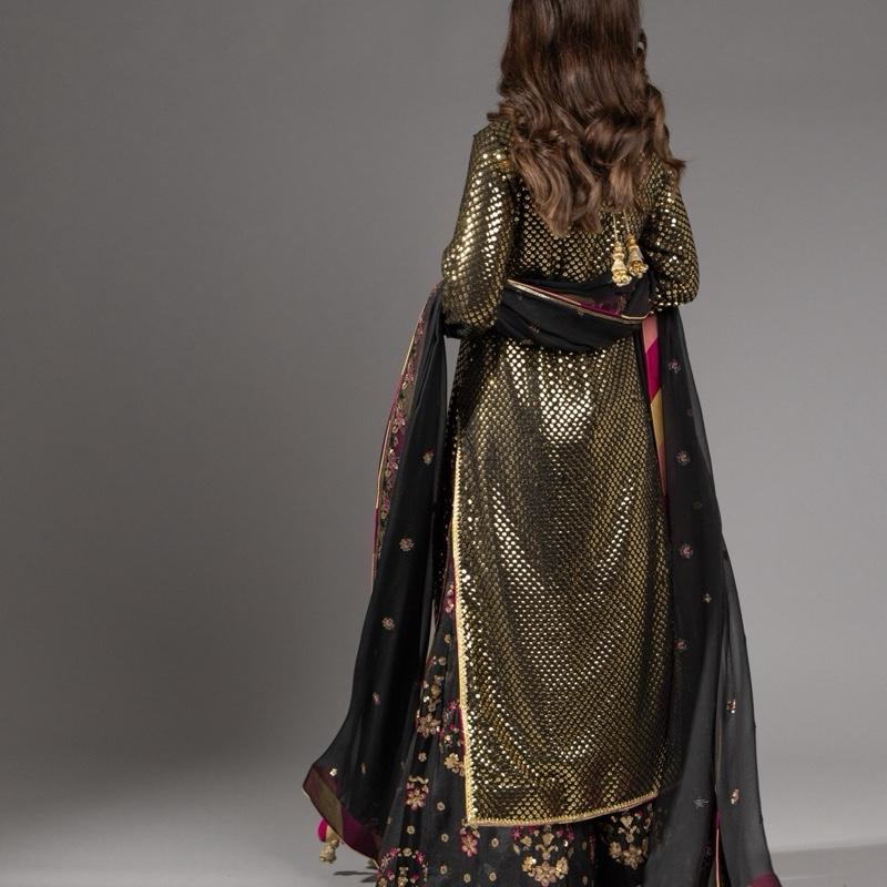 Black and Gold - Heavy Formal Womenswear Suit, Sequence Embroidered Kameez with Handwork Neckline, Chatta Patti Outlining, With Heavy Embroidered Loose Pants, Stunning Back Tassels and Chiffon Embroidered Duppatta